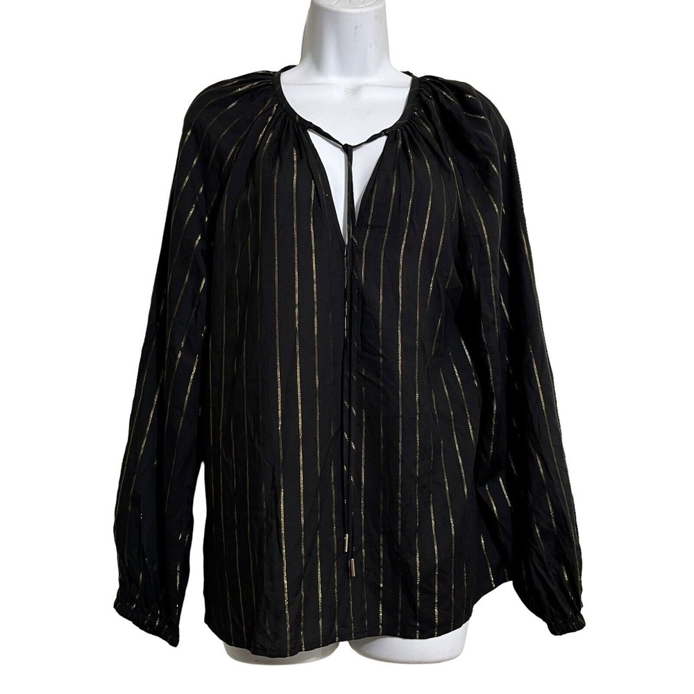 ANNA CATE Audrey Top Women’s Black Gold Striped Tie-neck Long Sleeve Blouse M